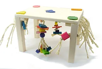 Large wooden chew toy with hanging strings